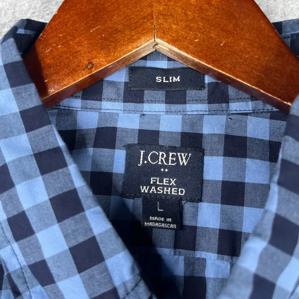 J Crew Flex Washed Slim Shirt Blue Navy Gingham Check Button Up Long Sleeve L